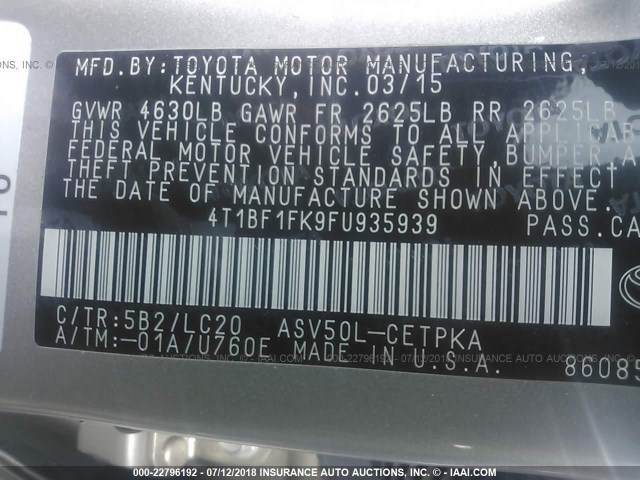 4T1BF1FK9FU935939 - 2015 TOYOTA CAMRY LE/XLE/SE/XSE GOLD photo 9