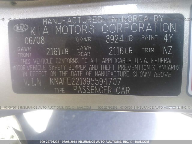 KNAFE221395594707 - 2009 KIA SPECTRA EX/LX/SX GOLD photo 9