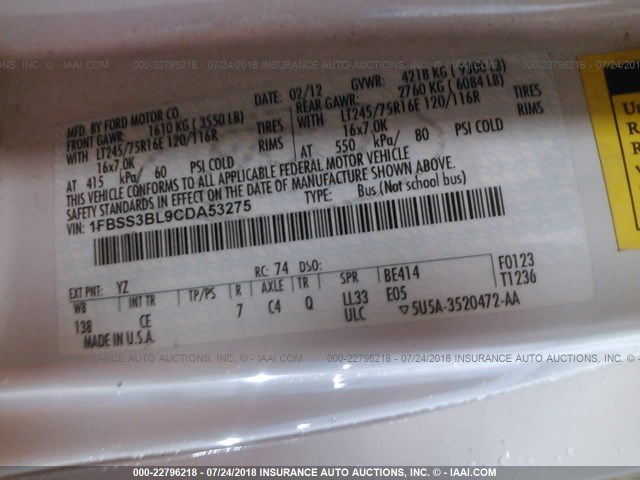 1FBSS3BL9CDA53275 - 2012 FORD ECONOLINE WHITE photo 9