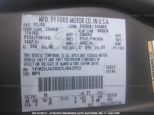 1FMDU63K03UB62922 - 2003 FORD EXPLORER XLT/XLT SPORT/NBX 锡色 照片 9