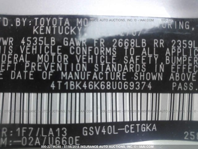 4T1BK46K68U069374 - 2008 TOYOTA CAMRY LE/XLE/SE ვერცხლისფერი ფოტო 9