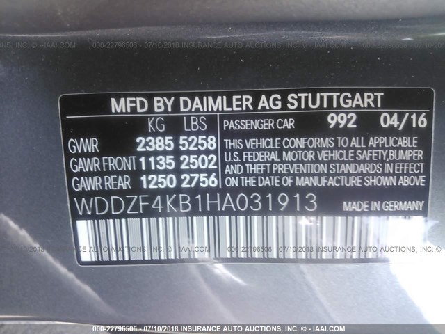 WDDZF4KB1HA031913 - 2017 MERCEDES-BENZ E 300 4MATIC GRAY photo 9