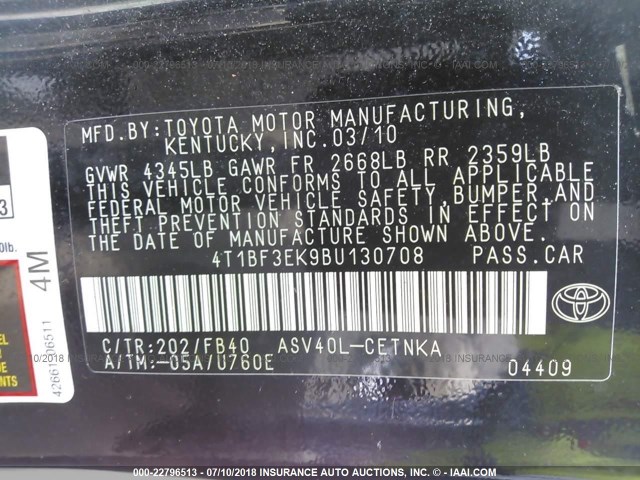 4T1BF3EK9BU130708 - 2011 TOYOTA CAMRY SE/LE/XLE BLACK photo 9