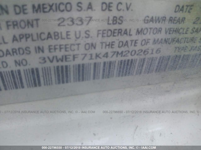 3VWEF71K47M202616 - 2007 VOLKSWAGEN JETTA WOLFSBURG 白色 照片 9