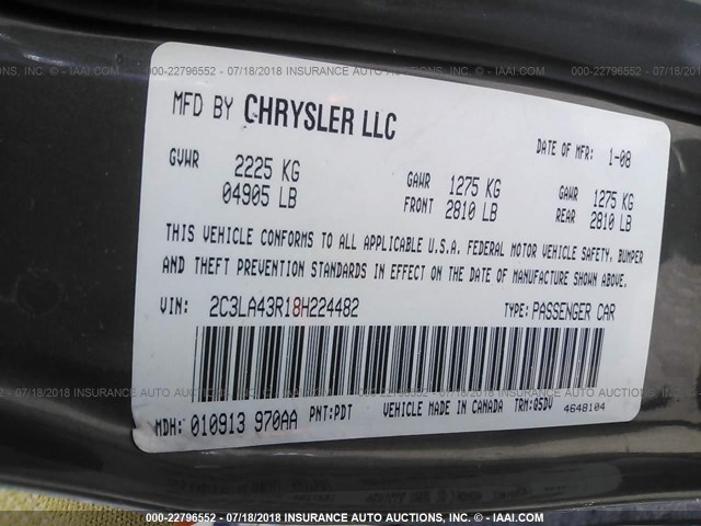 2C3LA43R18H224482 - 2008 CHRYSLER 300 LX GRAY photo 9