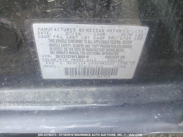 3N1CE2CP6FL366918 - 2015 NISSAN VERSA NOTE S/S PLUS/SV/SL/SR BLACK photo 9