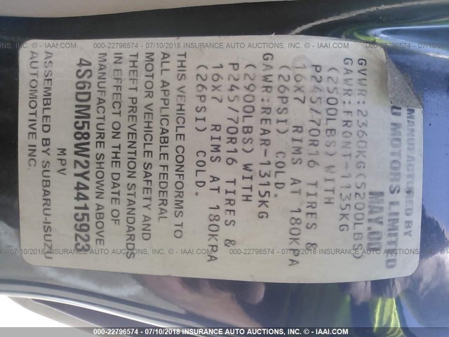 4S6DM58W2Y4415923 - 2000 HONDA PASSPORT EX/LX 绿色 照片 9