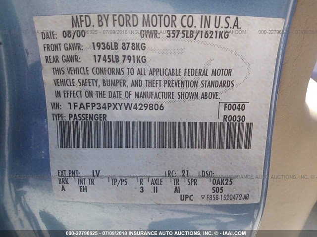 1FAFP34PXYW429806 - 2000 FORD FOCUS SE/SE COMFORT BLUE photo 9