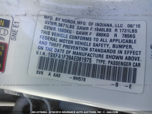 19XFA1F39AE081975 - 2010 HONDA CIVIC VP WHITE photo 9