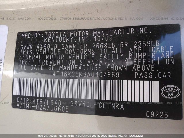 4T1BK3EK3AU107869 - 2010 TOYOTA CAMRY SE/LE/XLE ოქროსფერი ფოტო 9
