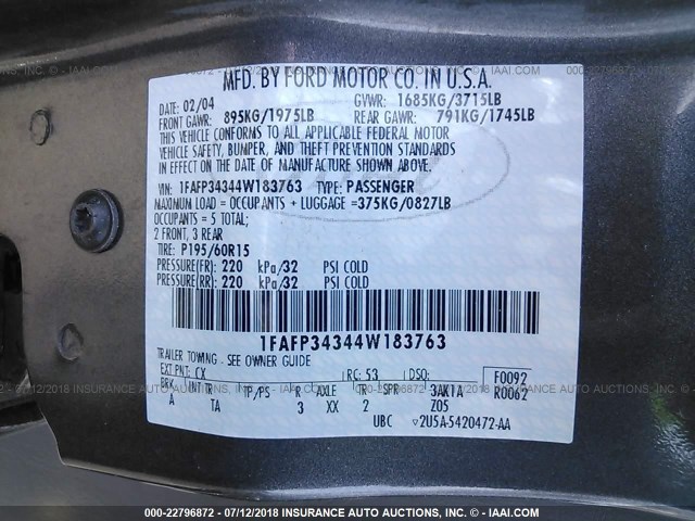 1FAFP34344W183763 - 2004 FORD FOCUS SE COMFORT/SE SPORT GRAY photo 9