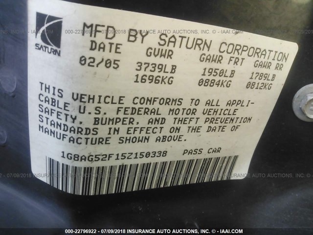 1G8AG52F15Z150338 - 2005 SATURN ION LEVEL 1 SILVER photo 9