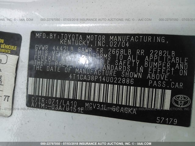 4T1CA38P14U022886 - 2004 TOYOTA CAMRY SOLARA SE/SLE WHITE photo 9