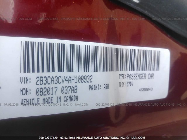 2B3CA3CV4AH108932 - 2010 DODGE CHARGER SXT BURGUNDY photo 9