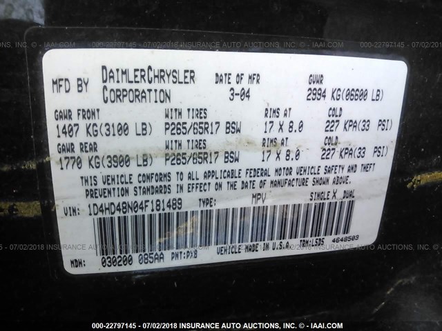 1D4HD48N04F181489 - 2004 DODGE DURANGO SLT BLACK photo 9