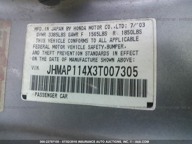 JHMAP114X3T007305 - 2003 HONDA S2000 GRAY photo 9