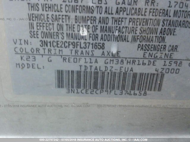 3N1CE2CP9FL371658 - 2015 NISSAN VERSA NOTE S/S PLUS/SV/SL/SR SILVER photo 9