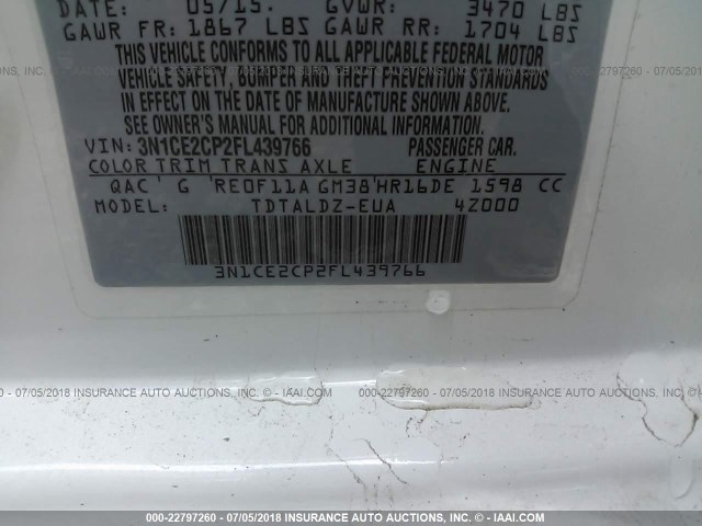 3N1CE2CP2FL439766 - 2015 NISSAN VERSA NOTE S/S PLUS/SV/SL/SR WHITE photo 9