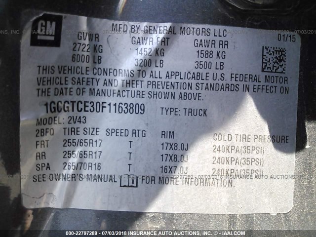 1GCGTCE30F1163809 - 2015 CHEVROLET COLORADO Z71 GRAY photo 9