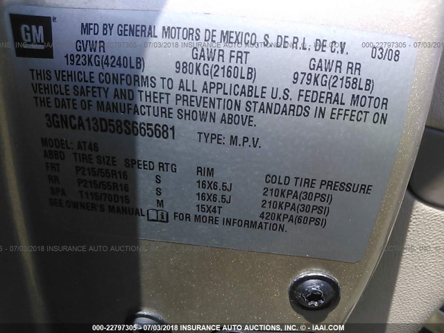 3GNCA13D58S665681 - 2008 CHEVROLET HHR LS Qızıl foto 9