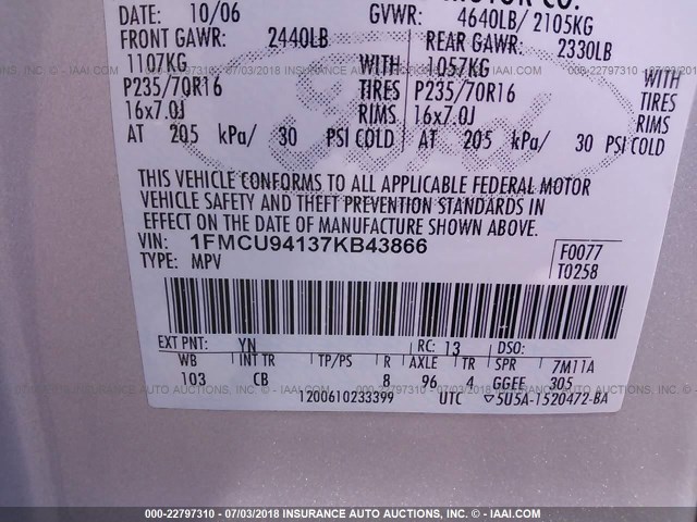 1FMCU94137KB43866 - 2007 FORD ESCAPE LIMITED SILVER photo 9