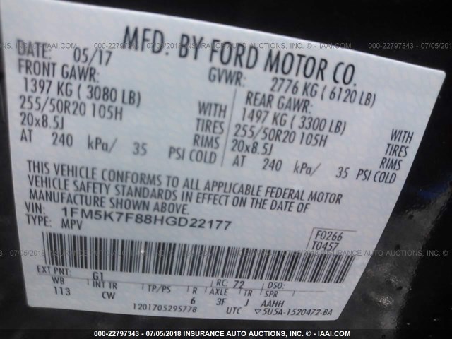 1FM5K7F88HGD22177 - 2017 FORD EXPLORER LIMITED 黑色 照片 9