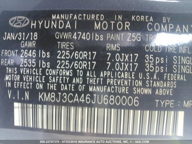 KM8J3CA46JU680006 - 2018 HYUNDAI TUCSON LIMITED/SPORT AND ECO/SE GRAY photo 9