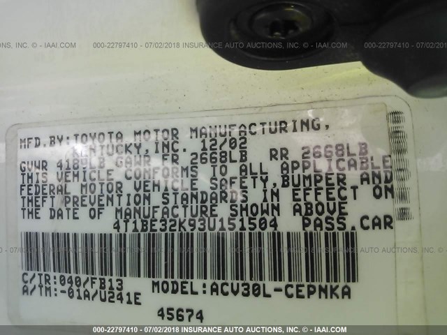 4T1BE32K93U151504 - 2003 TOYOTA CAMRY LE/XLE/SE თეთრი ფოტო 9