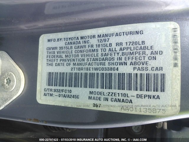 2T1BR18E1WC033804 - 1998 TOYOTA COROLLA VE/CE/LE 灰色 照片 9