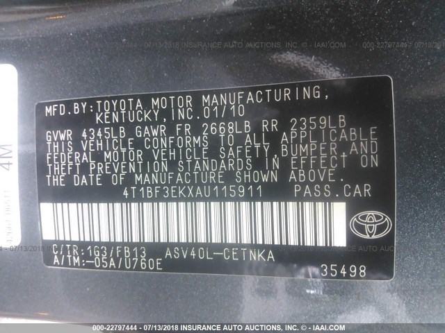 4T1BF3EKXAU115911 - 2010 TOYOTA CAMRY SE/LE/XLE ნაცრისფერი ფოტო 9