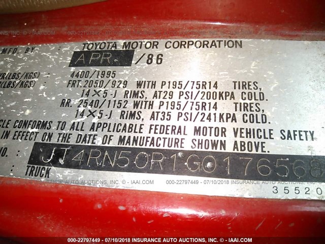 JT4RN50R1G0176568 - 1986 TOYOTA PICKUP 1/2 TON RN50 RED photo 9