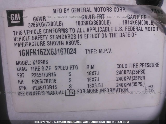 1GNFK16ZX6J167024 - 2006 CHEVROLET SUBURBAN K1500 WHITE photo 9