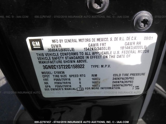 3GNEC13T22G158922 - 2002 CHEVROLET AVALANCHE C1500 BLACK photo 9