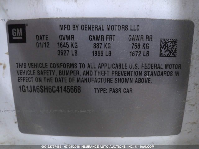 1G1JA6SH6C4145668 - 2012 CHEVROLET SONIC LS WHITE photo 9