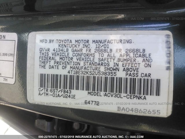 4T1BE32K52U538355 - 2002 TOYOTA CAMRY LE/XLE/SE მწვანე ფოტო 9