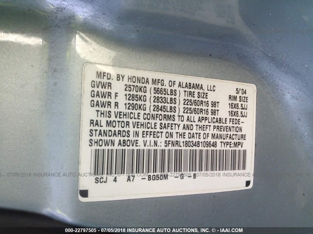 5FNRL18034B109648 - 2004 HONDA ODYSSEY EXL BLUE photo 9