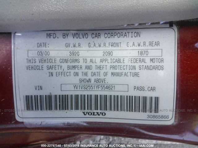 YV1VS2551YF554621 - 2000 VOLVO S40 Қызыл фото 9