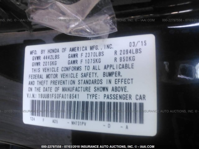 19UUB1F50FA018541 - 2015 ACURA TLX TECH BLACK photo 9