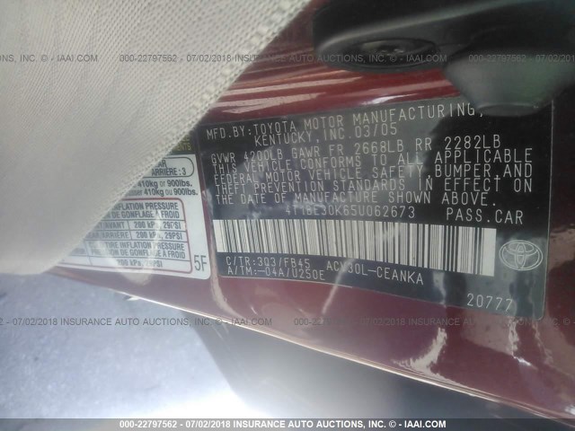 4T1BE30K65U062673 - 2005 TOYOTA CAMRY LE/XLE/SE 红色 照片 9