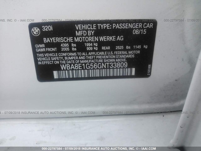 WBA8E1G56GNT33809 - 2016 BMW 320 I WHITE photo 9