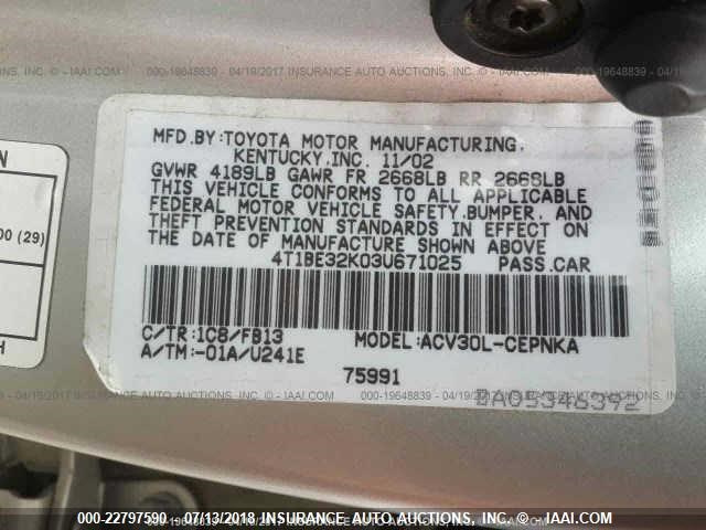 4T1BE32K03U671025 - 2003 TOYOTA CAMRY LE/XLE/SE ნაცრისფერი ფოტო 9