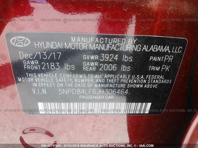 5NPD84LF6JH306464 - 2018 HYUNDAI ELANTRA SEL/VALUE/LIMITED RED photo 9