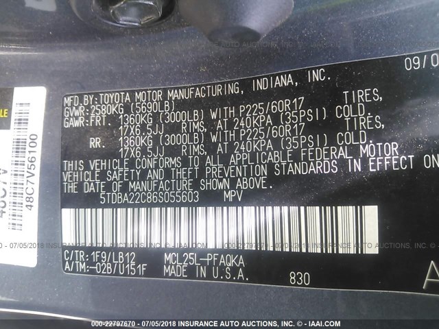 5TDBA22C86S055603 - 2006 TOYOTA SIENNA XLE/XLE LIMITED BLUE photo 9