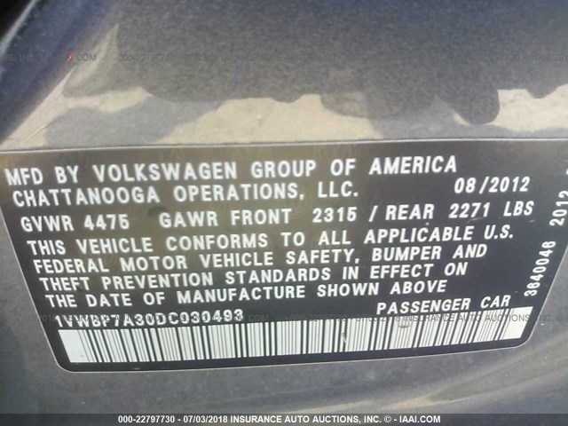 1VWBP7A30DC030493 - 2013 VOLKSWAGEN PASSAT SE GRAY photo 9