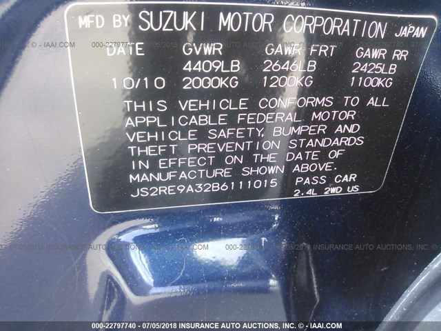 JS2RE9A32B6111015 - 2011 SUZUKI KIZASHI SE BLUE photo 9