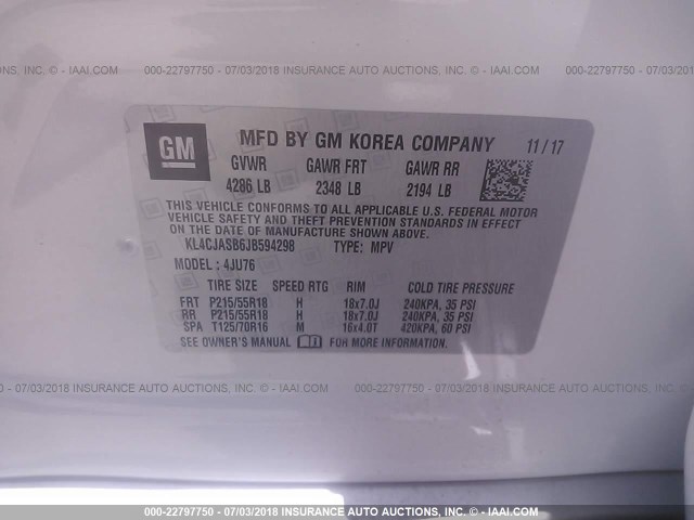 KL4CJASB6JB594298 - 2018 BUICK ENCORE PREFERRED Ақ фото 9