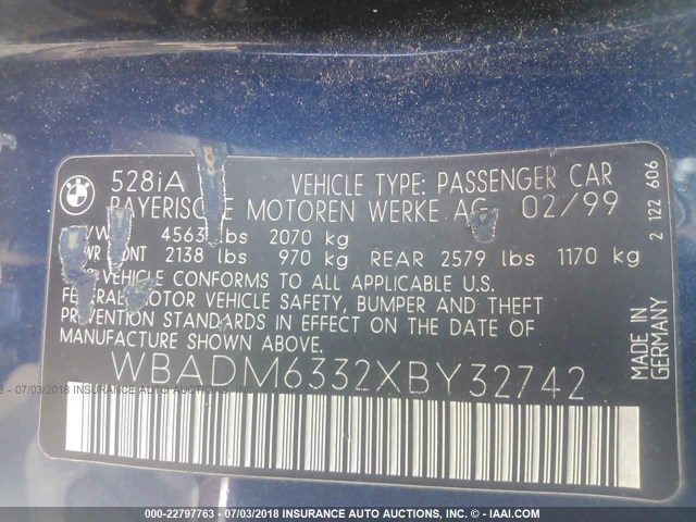 WBADM6332XBY32742 - 1999 BMW 528 I AUTOMATIC BLUE photo 9