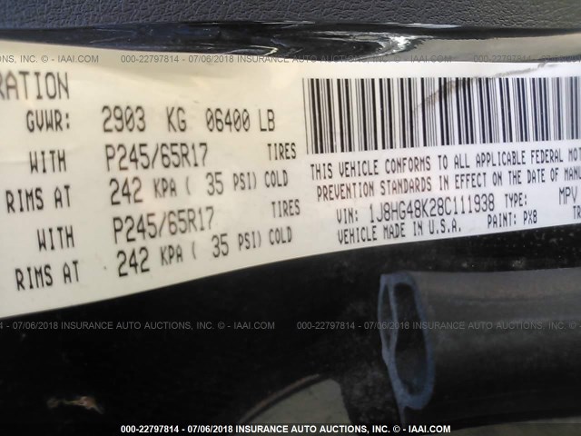 1J8HG48K28C111938 - 2008 JEEP COMMANDER SPORT შავი ფოტო 9