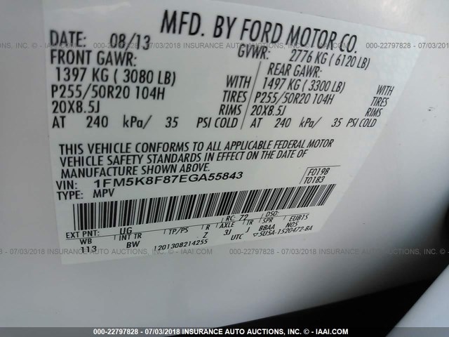 1FM5K8F87EGA55843 - 2014 FORD EXPLORER LIMITED Weiß Foto 9