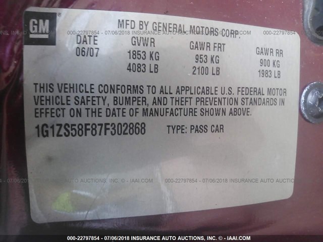 1G1ZS58F87F302868 - 2007 CHEVROLET MALIBU LS Tünd qırmızı foto 9